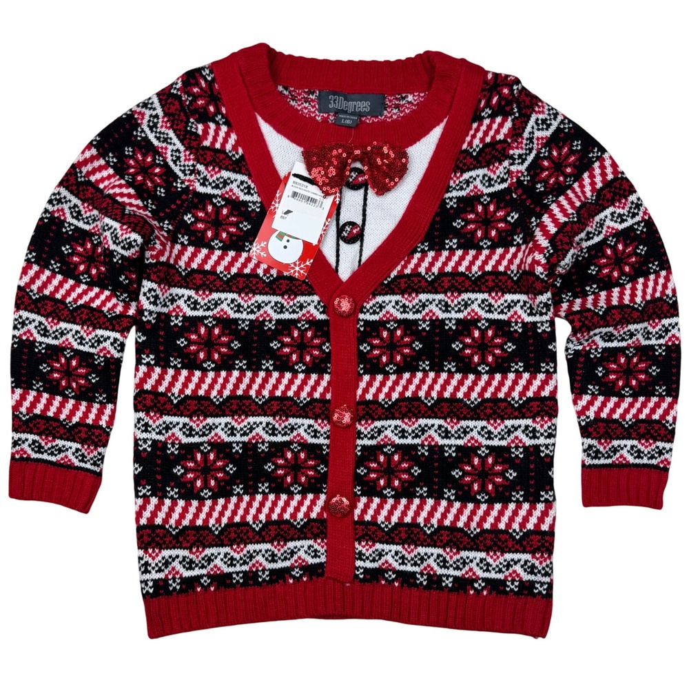 NEW 33 Degrees Kids Ugly Christmas Sweater Holiday Fair‎ Isle Red Black Size 6